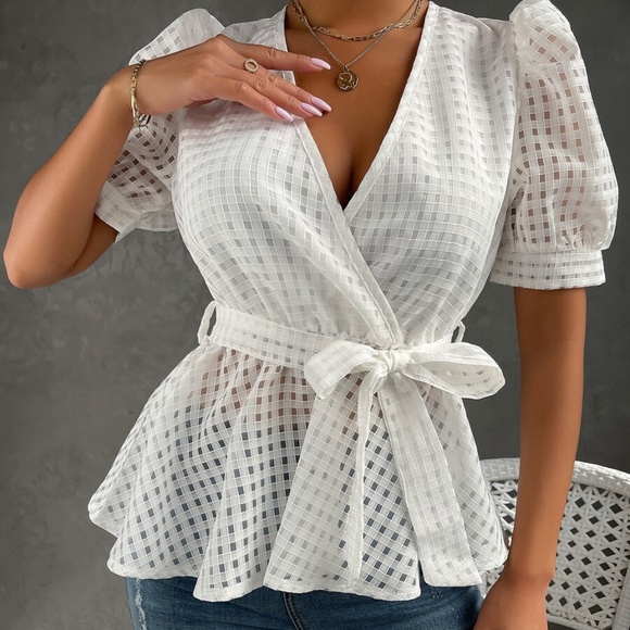 Bohemian White Puff Sleeve Peplum Top - Picture 4 of 5
